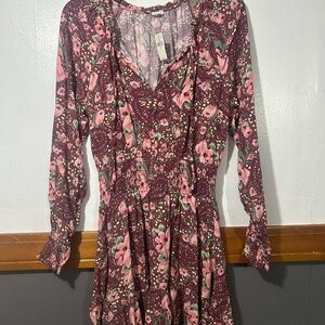 Aerie NWT  V-Neck Long Sleeve Women's Dress - Pink & Burgundy